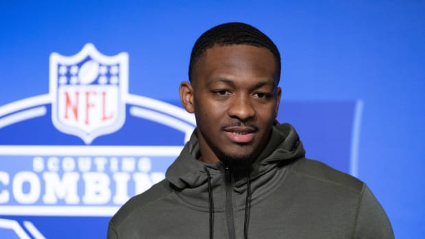 Mar 3, 2023; Indianapolis, IN, USA; Tennessee quarterback Hendon Hooker (QB07) speaks to the press at the NFL Combine at Lucas Oil Stadium.